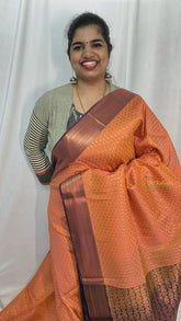 Orange with Blue Border Laksham Butta Semi Soft Silk Saree-VS4064